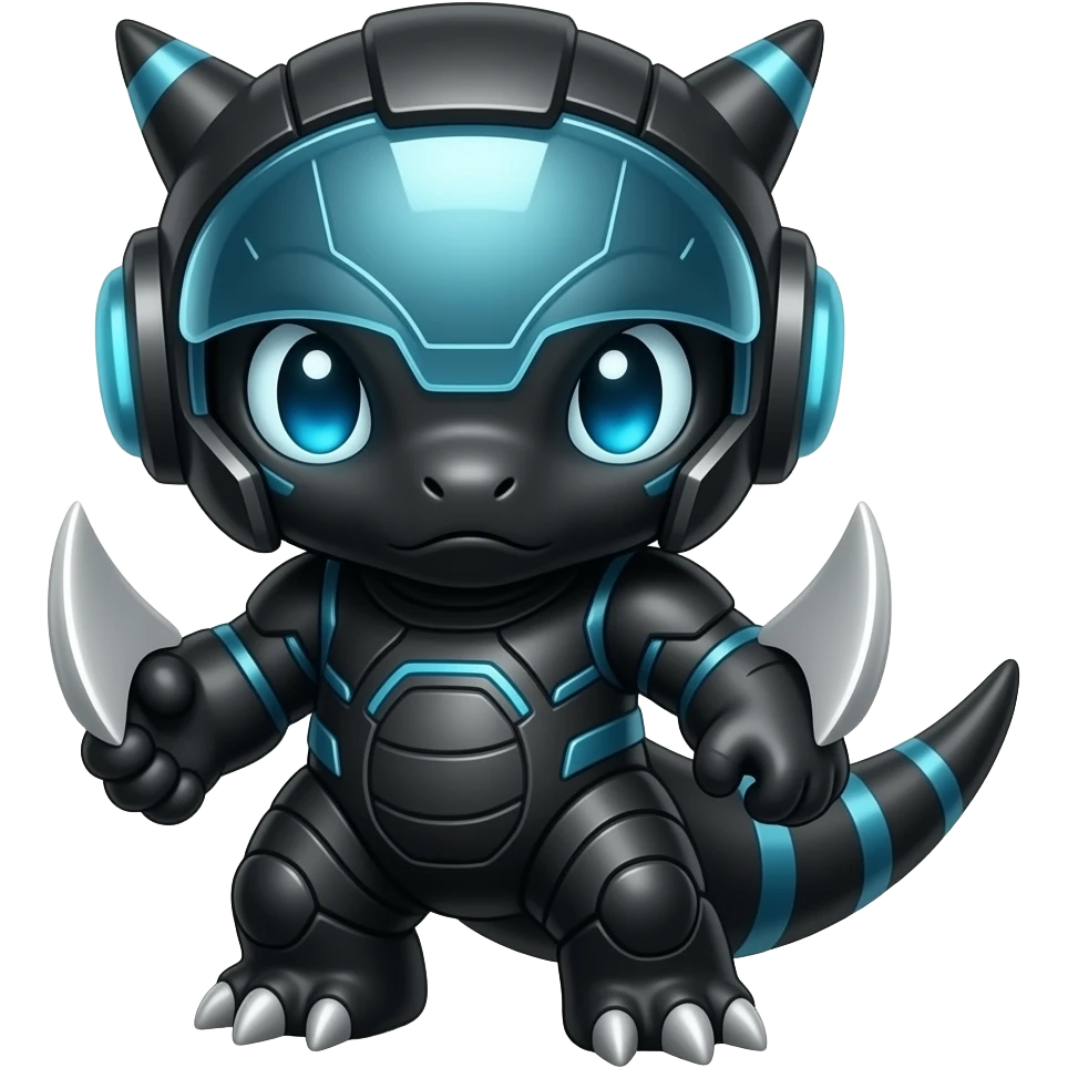 insomnya a black-blue Genesect-Raptor-Fakémon—hybrid with a futuristic visor-helmet full body emoji