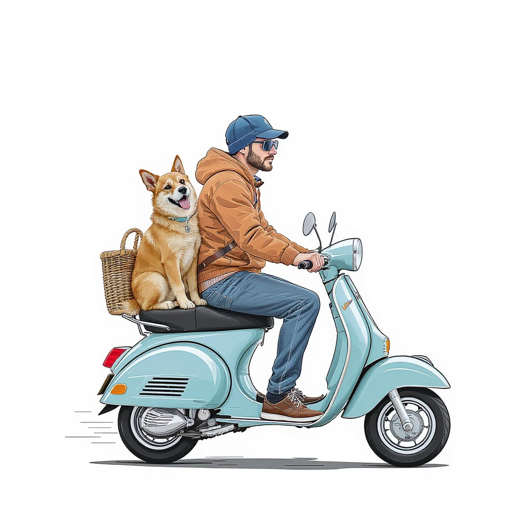 vector art of a man and his pet dog riding a vespa, for website design  emoji