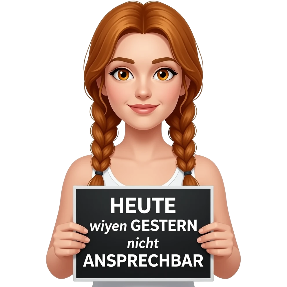 sexy girl with long ginger braids and ginger eyes wearing a white tanktop is holding a black sign with HEUTE wegen GESTERN nicht ANSPRECHBAR written on it emoji