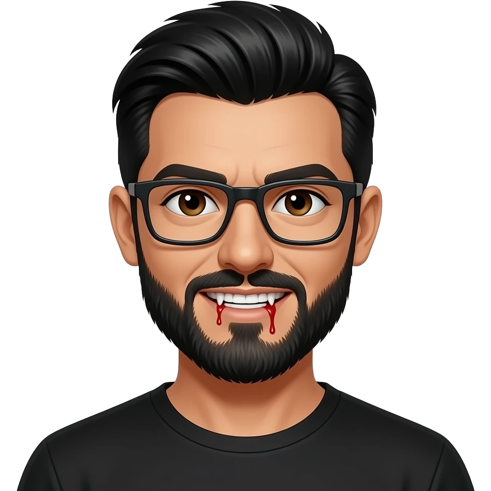 black slick back hair, tan skin, black beard, with square glasses, brown eyes, black tee shirt,  dracula teeth with blood on teeth emoji