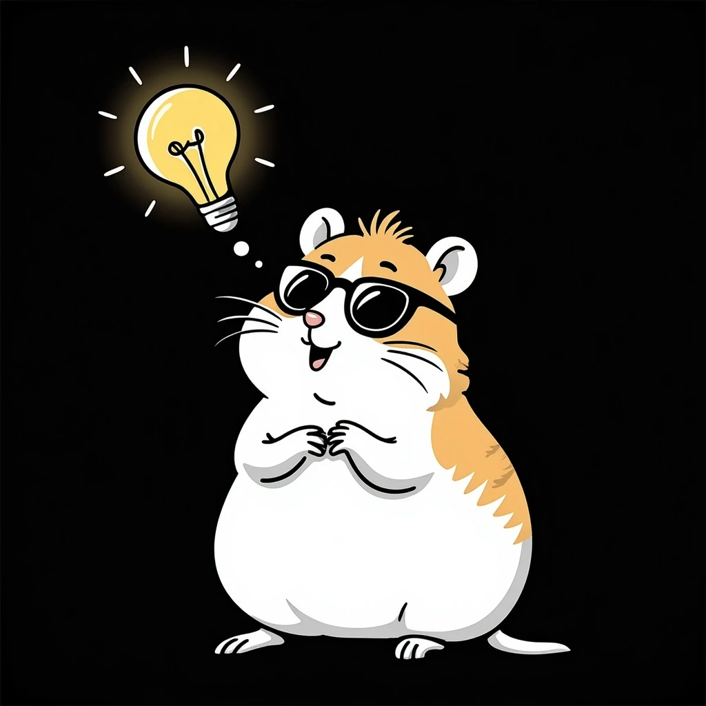 unique colorful hand-drawn modern semi-realistic hamster with cool glasses thinking about an idea with a lightbulb above its head on solid black background illustrated in Procreate on an iPad emoji