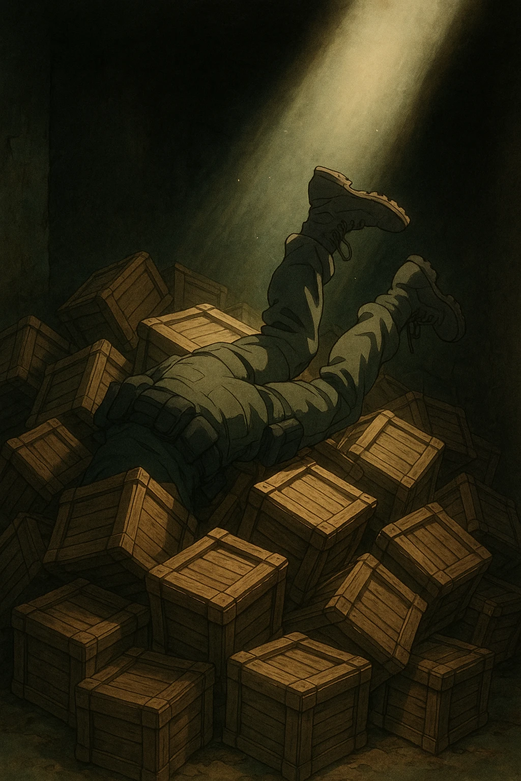 A pile of small oblong crates hidden in a dark area with a beam of light shining from above, with someone’s boots sticking out like they dove in, tactical gear clothing  emoji