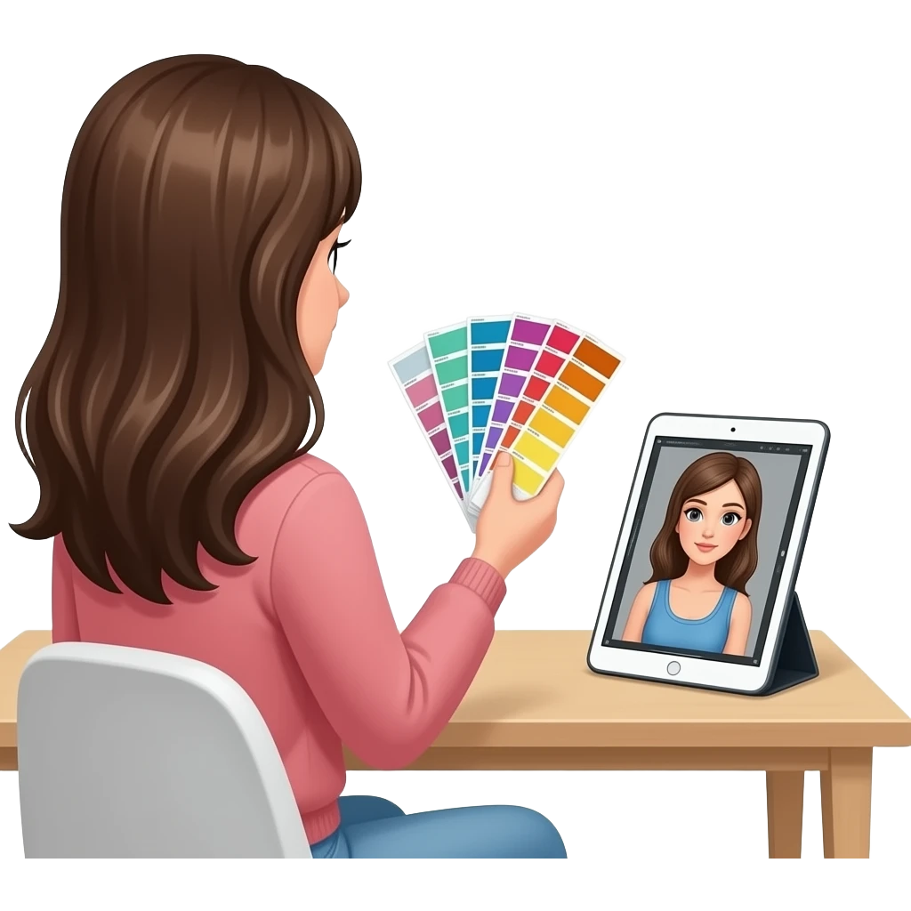 Une femme de dos brune, qui tient dans la main des couleurs pantones et sur la table, un iipad avec le dessin d'un vetement emoji