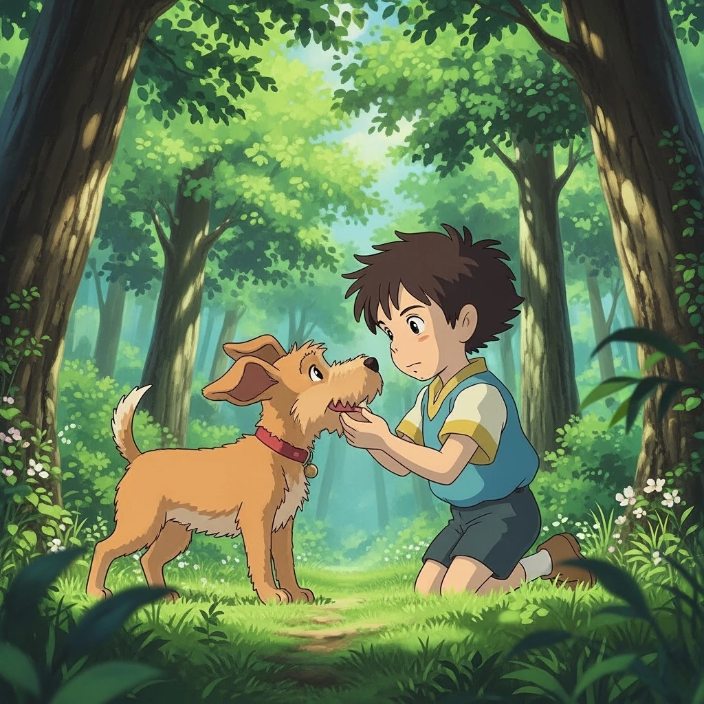 kid and his pet dog in studio ghibili style emoji