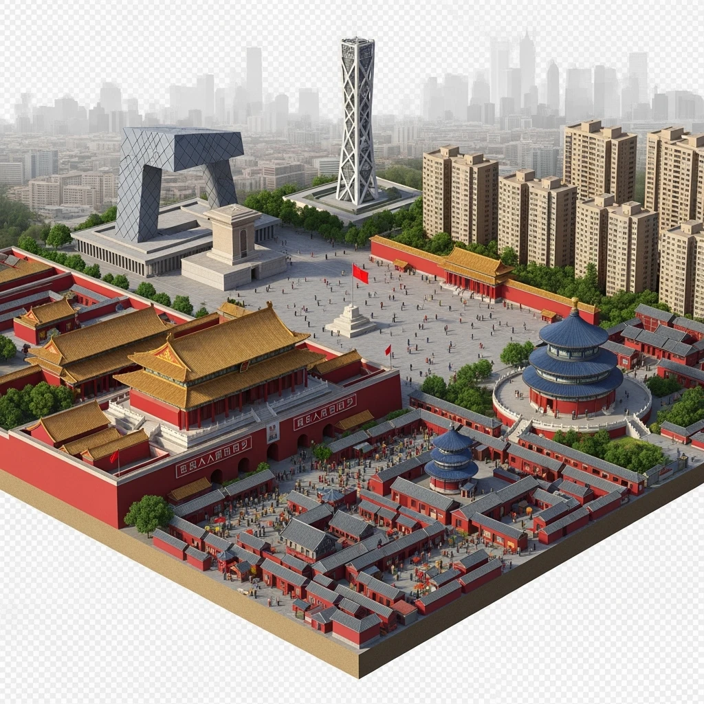 Isometric miniature of Beijing Forbidden City, Tiananmen Square, CCTV Headquarters, Temple of Heaven, and crowded hutong alleys, sprawling apartment blocks, smoggy skyline, 3D miniature effect and Tilt Shift effect, no cartoonish look, transparent background. emoji
