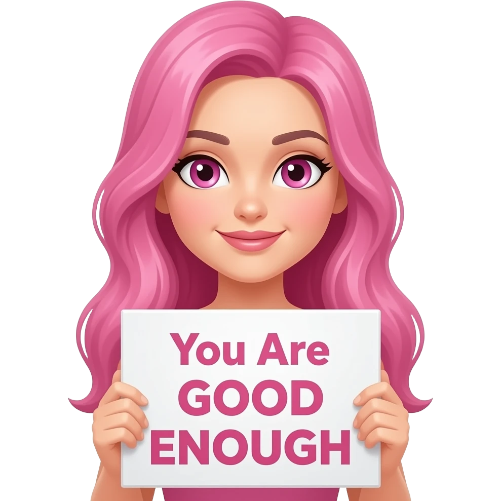 sexy girl with long pink hair and pink eyes holding You Are GOOD ENOUGH sign emoji