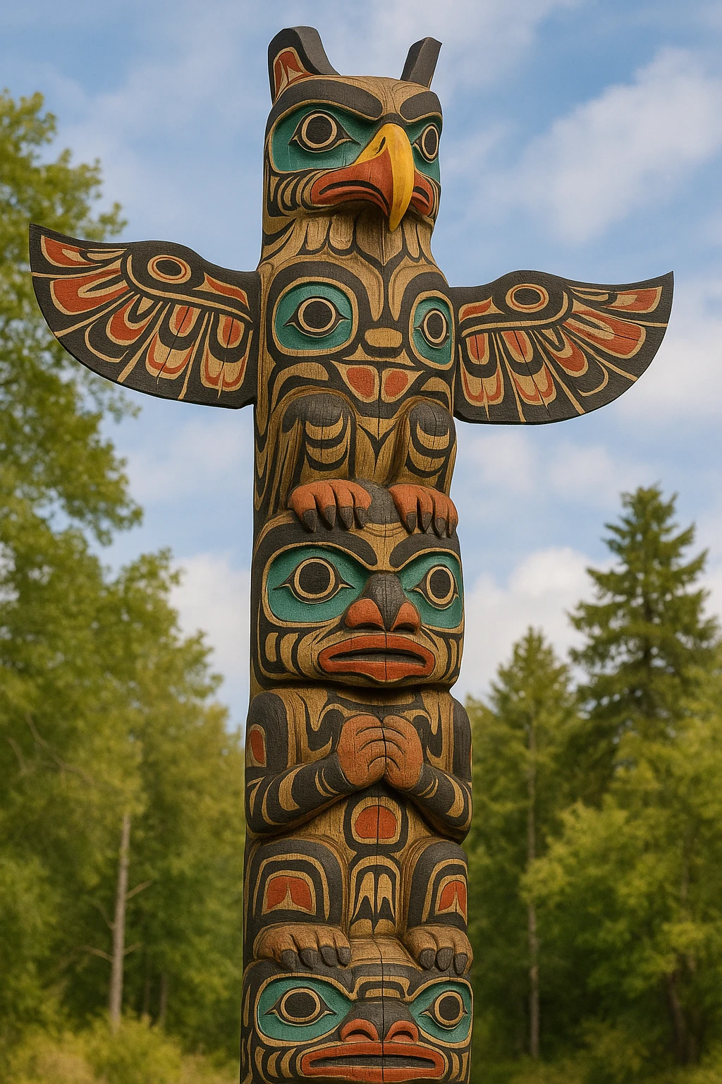 A detailed image of a traditional Pacific Northwest Native American totem pole carved from a tall wooden log. The pole features intricate woodcarvings of stacked animal figures, with a prominent eagle at the top symbolizing strength and spirituality. Bold tribal patterns with geometric and organic motifs are painted in vibrant red, black, white, and blue. The design reflects indigenous artistry, with stylized animal features such as curved beaks and large eyes, and ornamental details. The totem pole stands as a cultural monument, embodying tribal heritage, ancestral legacy, and spiritual symbolism, set against a natural background to highlight its connection to nature and Totemism. emoji