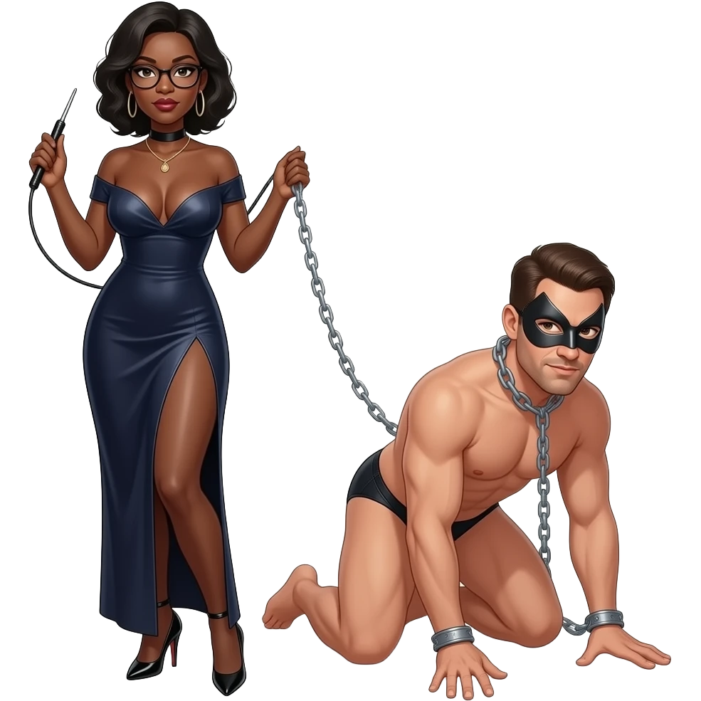 africaine dominatrice tres mince et tres  noire visage 50 ans fin lunettes debout robe decolletee profond fluide fendue  une jambe nue passant dans la fente fouet souple dans la main chaine dans la main droite droite talons aiguilles debout  homme blanc nu masque prosterné chaine au cou emoji