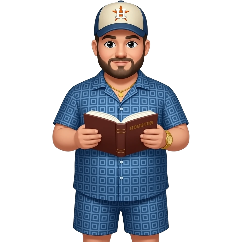 Chubby man with light honey skin tone with lightly shaved black beard wearing a blue button up short sleeve shirt with matching shorts with square pattern design wearing a beige Huston Astros logo baseball cap wearing a gold watch wearing a gold tennis necklace reading the Bible emoji