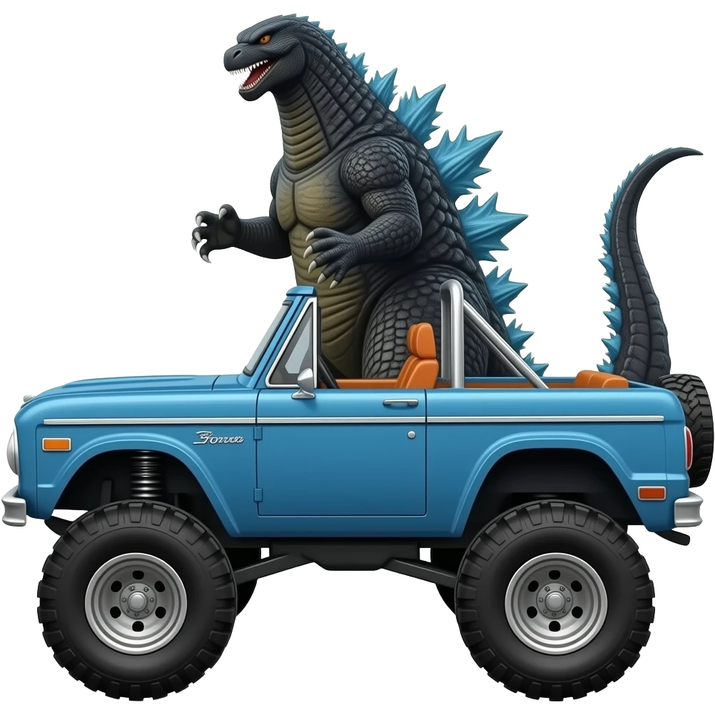 Godzilla behind 1967 ford bronco with two tone paint: blue on hood, blue with white stripe on sides, and orange interior. Convertible with no top but with full roll cage. Exaggerated lift and oversized 4x4 tires. emoji