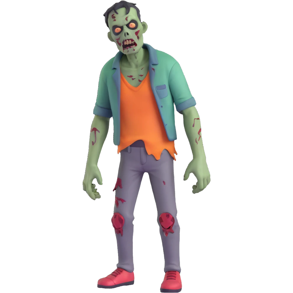 homem zumbi, estilo 3D, pele cinza-esverdeada, cicatrizes, roupas rasgadas emoji