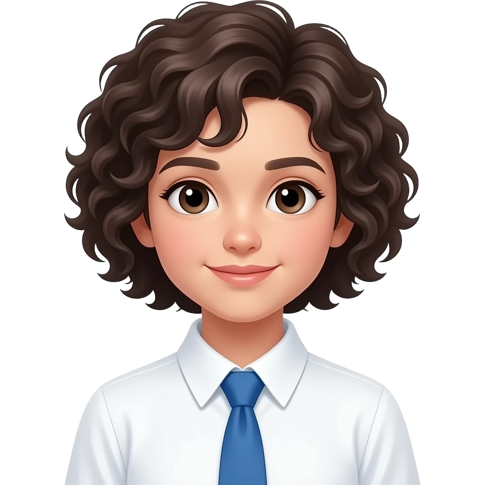 a girl with curly brown hairs wear white shirt and blue neck tiee emoji