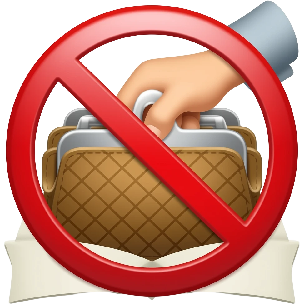 Минималистичный эмодзи: рука, тянущаяся к кошельку или сумке, перечёркнутая красным запрещающим знаком. Плоский дизайн, яркие цвета, чистый фон. Символ «не воровал». emoji