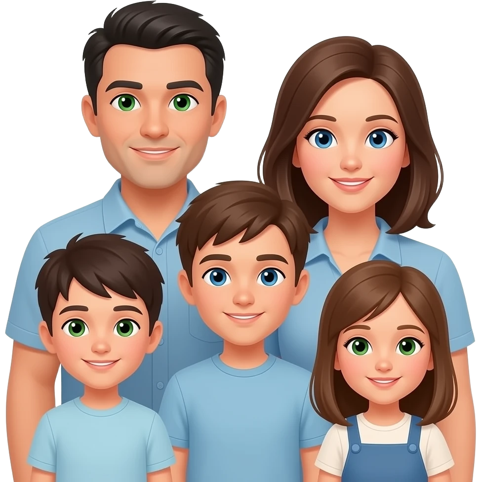 family of 6 white people (all with brown hair other than father with black hair and green eyes), mother has blue eyes, with 4 total kids! oldest brother is 30 green eyes, 2nd oldest brother is 20 green eyes, 3rd brother is 15 blue eyes, and daughter is 10 with light brown hair green eyes. emoji