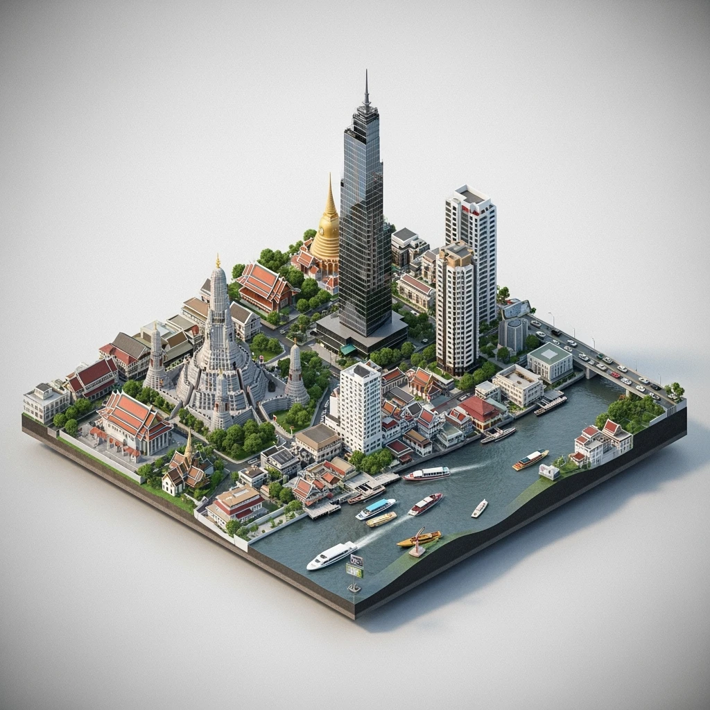 Isometric miniature of Bangkok 3D miniature effect and Tilt Shift effect, no cartoonish look, transparent background. emoji