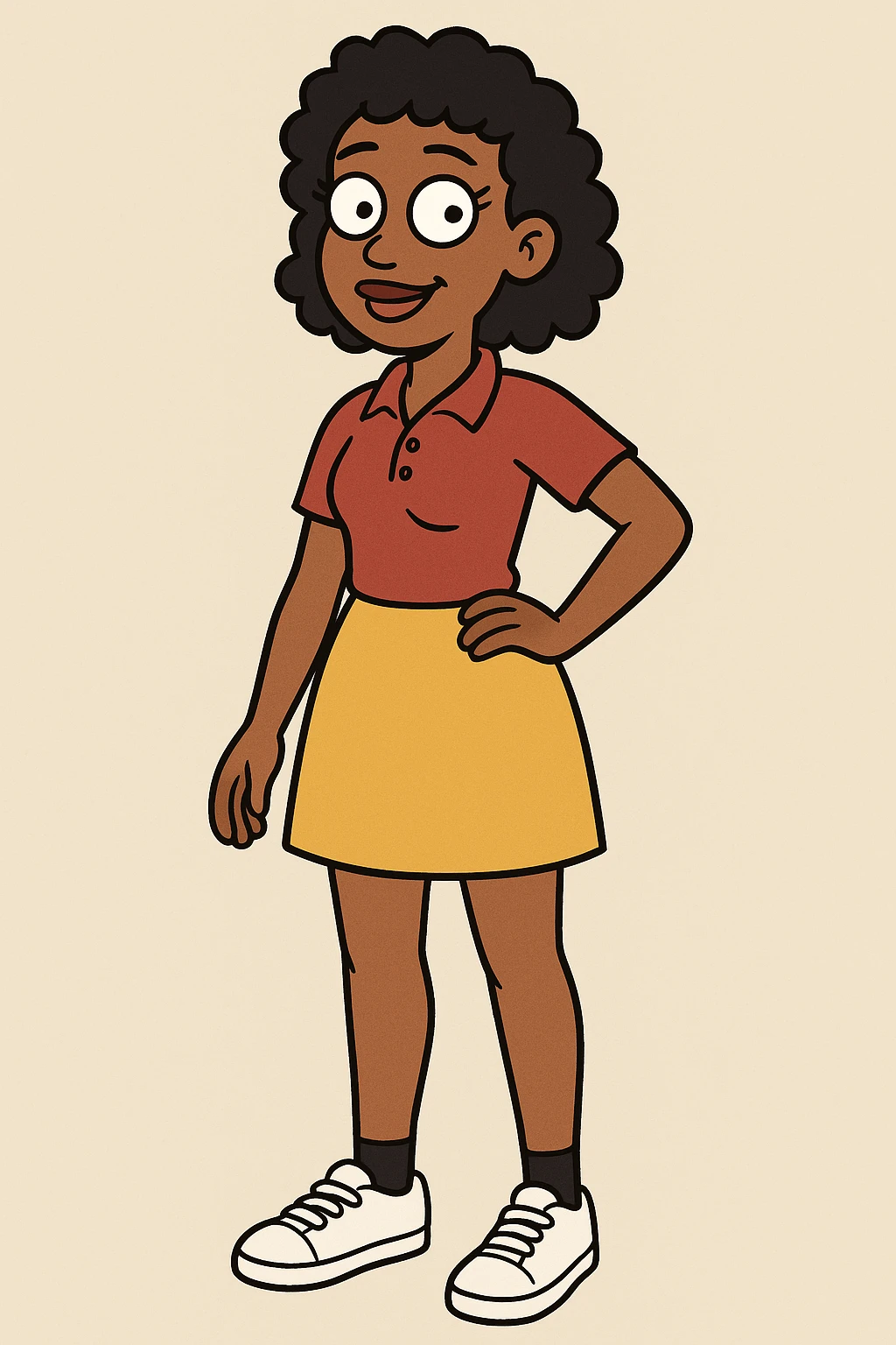 A Girl black Slightly Coiled hair brown Red Women's classic polycotton polo yellow skirt black ankle sock trainer white women's shoe emoji