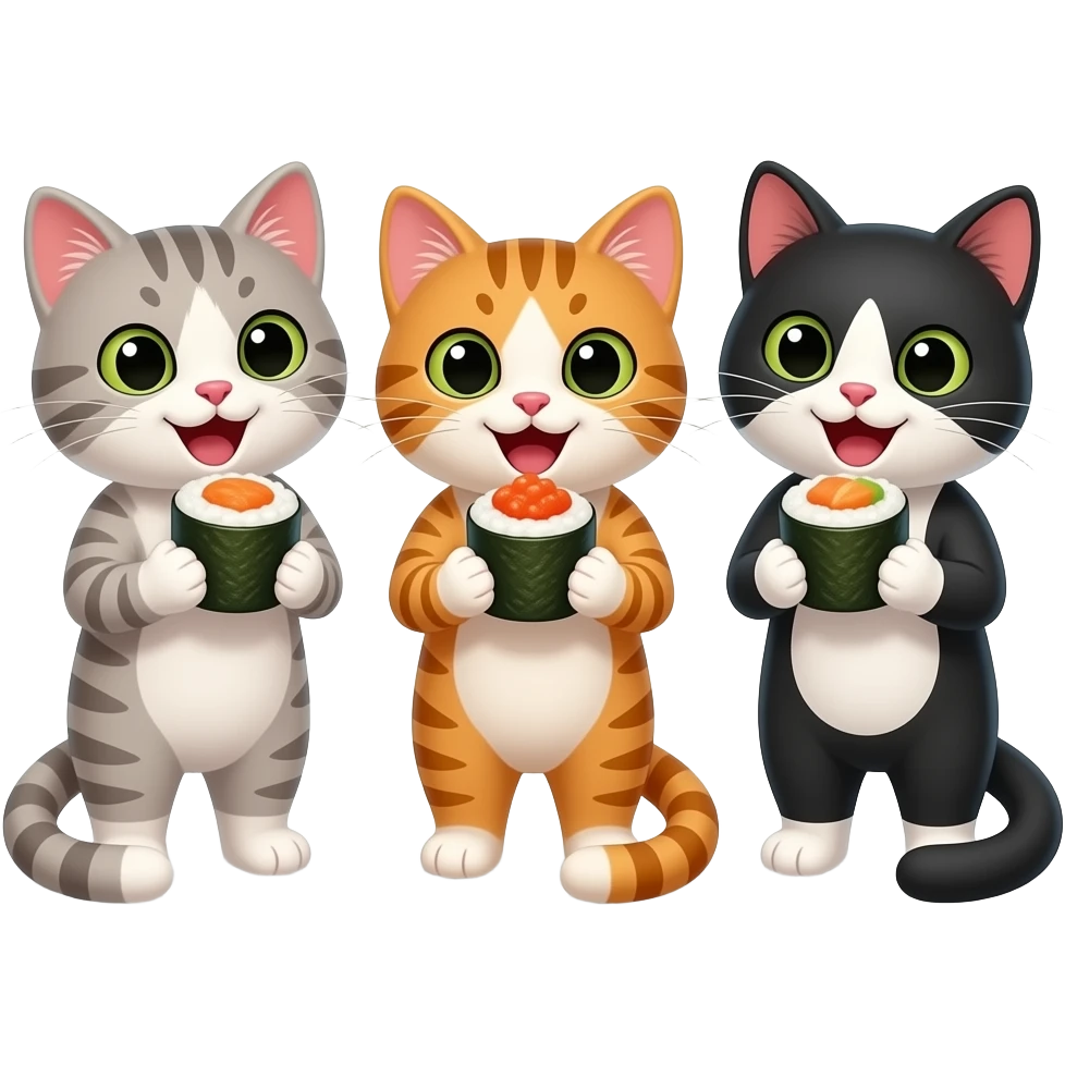 three cats celebrating and eating sushi emoji