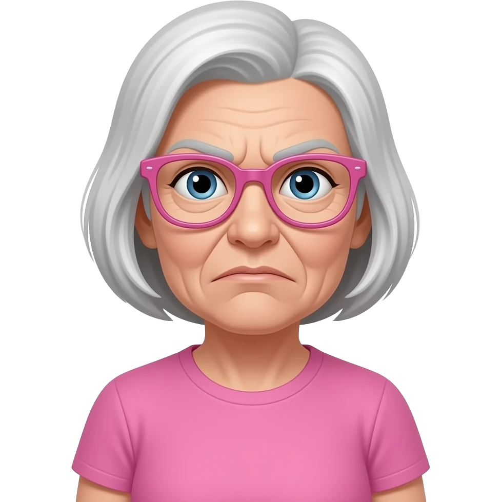 Une femme âgé avec des lunette rose et un nez crochu et un t-shirt rose qui crit emoji