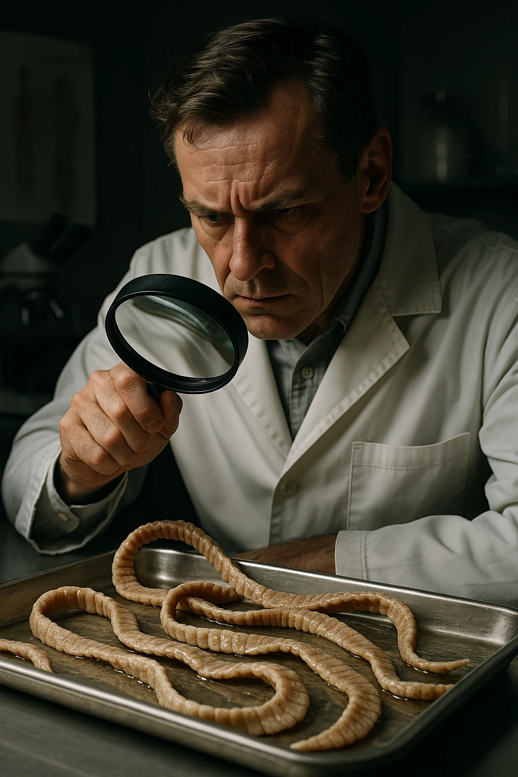 A middle-aged male kinesiologist wearing a pristine white lab coat, intensely analyzing long, beige tapeworms (like Taenia) under a magnifying glass. His expression is focused and slightly concerned, with dramatic studio lighting casting sharp shadows. The parasites are highly detailed, moist, and textured, stretched across a sterile metal tray. The background is blurred but suggests a clinical environment—hints of a microscope, medical charts, and clean lab equipment. The style is hyper-realistic, with a cinematic contrast between the bright white coat and the grotesque, organic forms of the parasites. No sci-fi elements, just raw medical realism with a disturbing edge emoji