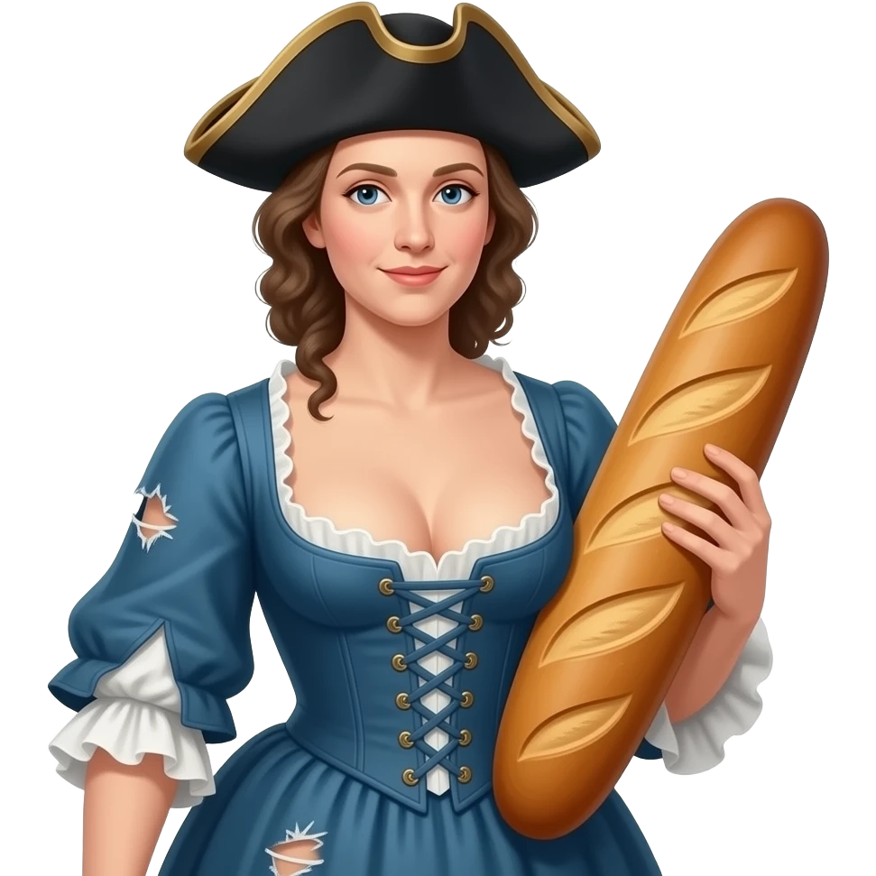 historical French Marianne in a tight corset with a large open neckline, torn dresses - with a rebel Jacobin cap and a large French loaf emoji
