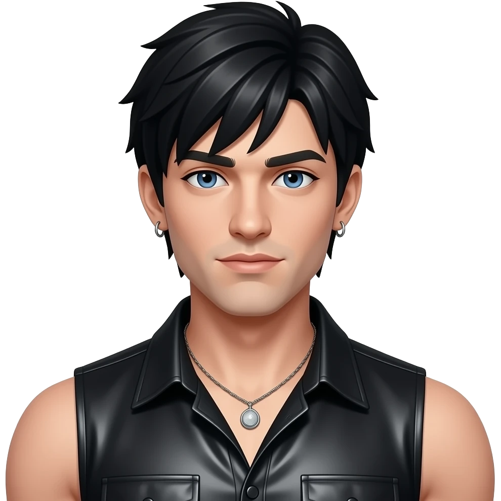 Neil McCormick from Fictional Characters with blue eyes, black short bang hair, black metallic sleeveless shirt, necklace and earrings emoji