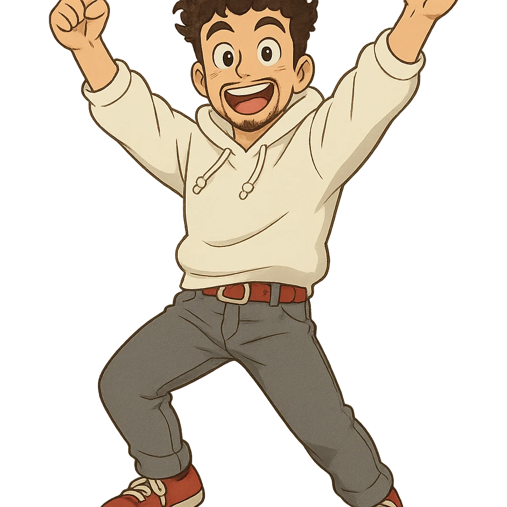 1 male, mid fade haircut dark chestnut brown curly hair, toasted lightskin, white hoodie sleeves up, gray fashion jeans, red fashion-sneakers shoes, red belt, short trimmed beard and goatee,  style of deku from "my hero academia",  doing a pose for a "happy" emote for twitch emoji