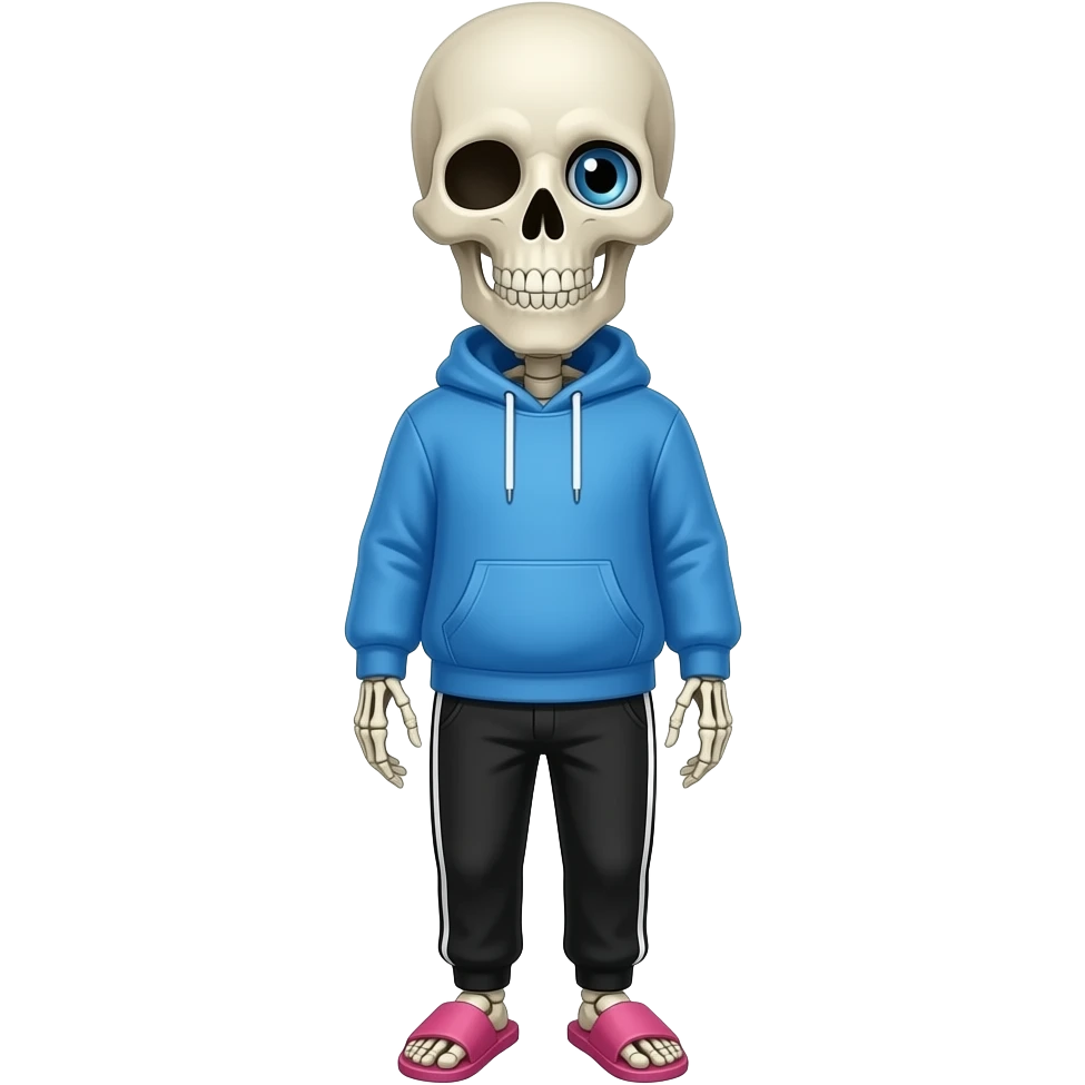 Sans the skeleton, blue hoodie, a grin, right eye is blue, black jogging pants, pink slippers emoji