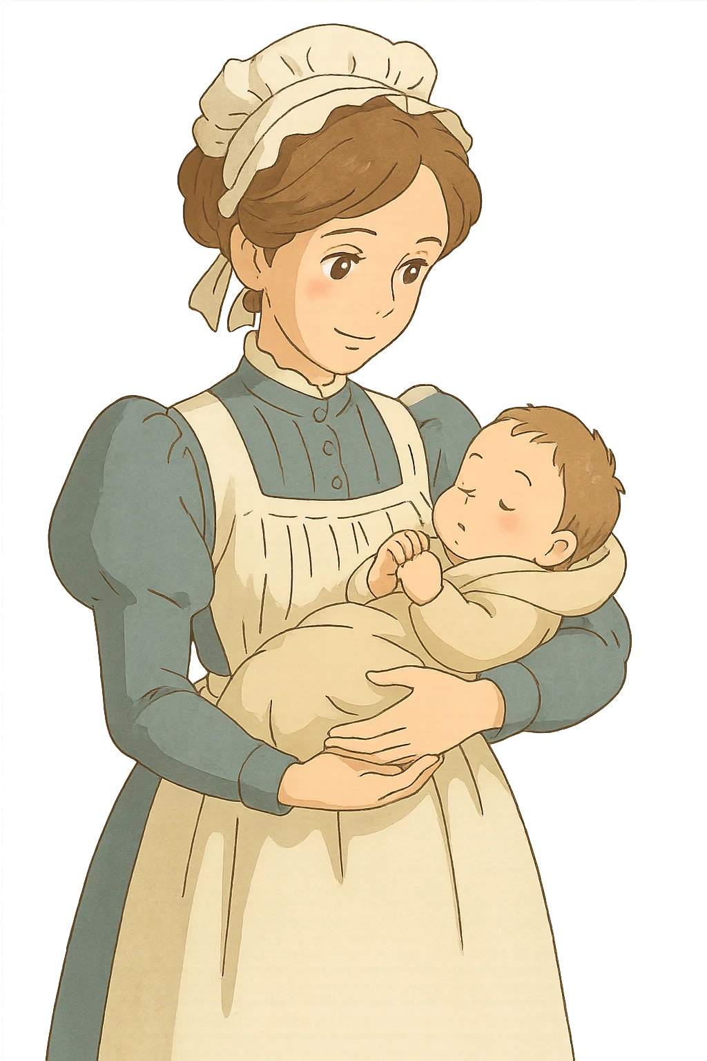 victorian midwife with background holding a baby emoji