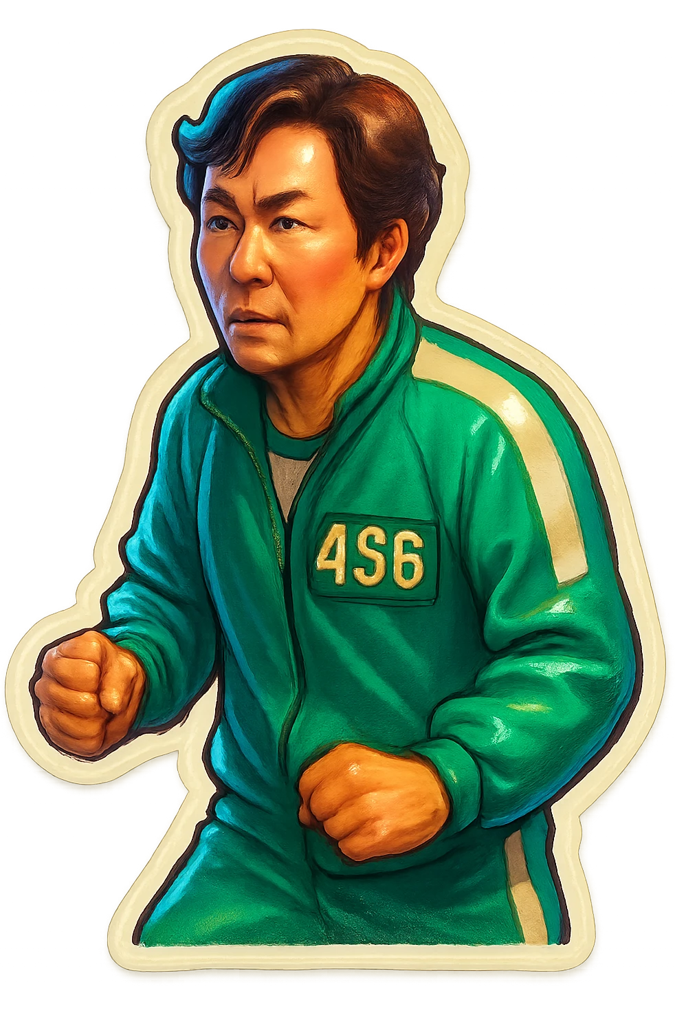squid game player in green tracksuit, sticker style, white border, playful emoji