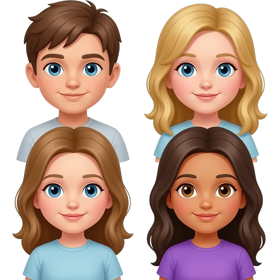 1 boy with brown hair and blue eyes, one girl with blonde hair and blue eyes, one girl with light brown hair and blue eyes, one girl with dark brown hair and brown eyes and a purple shirt emoji
