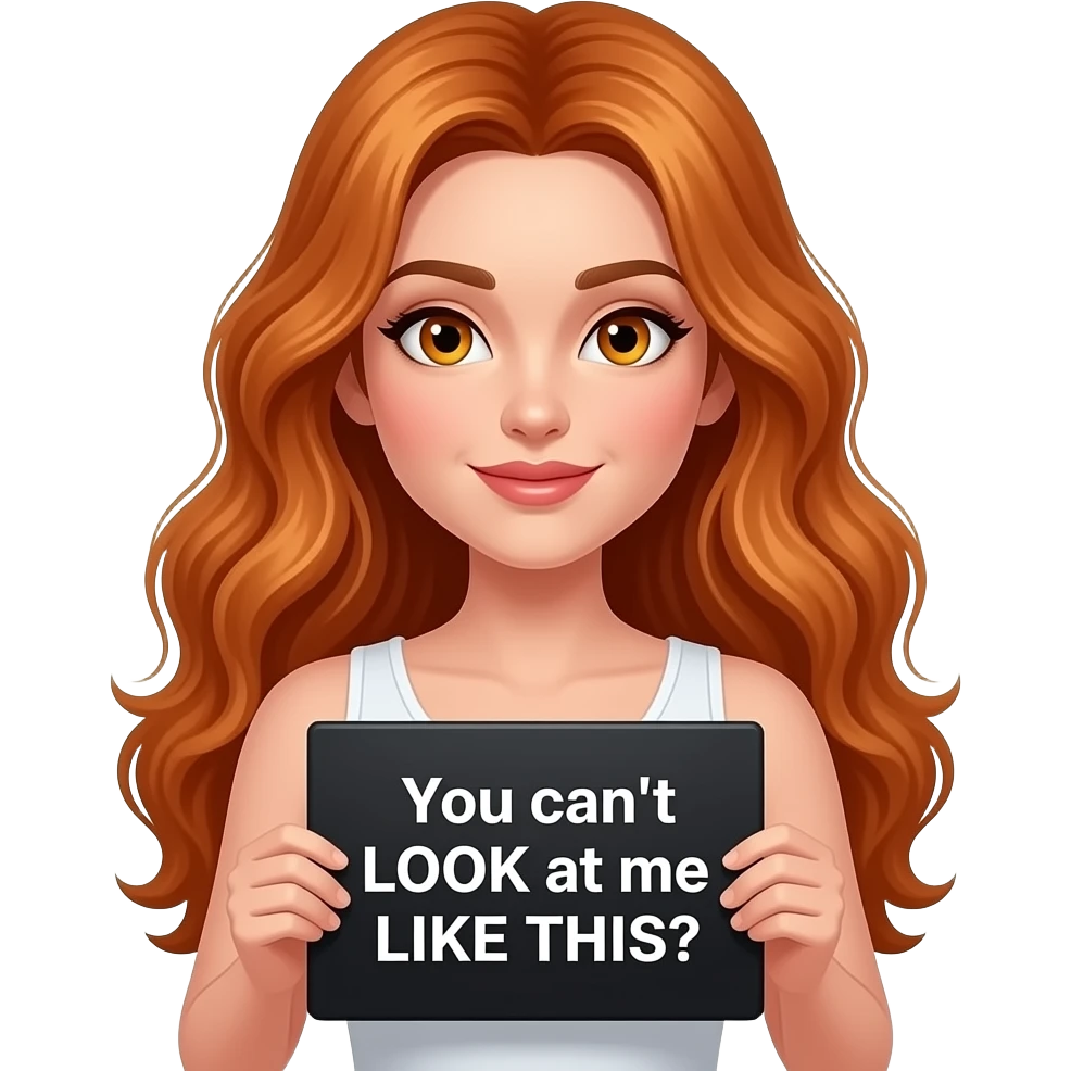 sexy girl with long wavy ginger hair and ginger eyes wearing a white tanktop is holding a black colored sign with You can't LOOK at me LIKE THIS written on it emoji