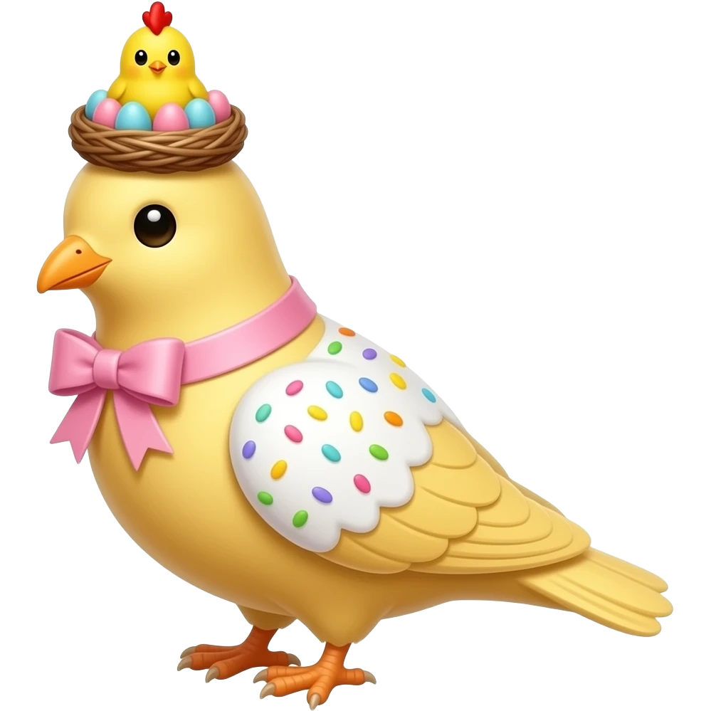 Colomba золотистого цвета, высокий, с белой глазурью с разноцветной  посыпкой,  с ленточкой вокруг светло розового цвета и украшением сверху в виде гнездышка с очень мелкими  яичками пастельных, желтым пушистым птенчиком с красным гребешком emoji