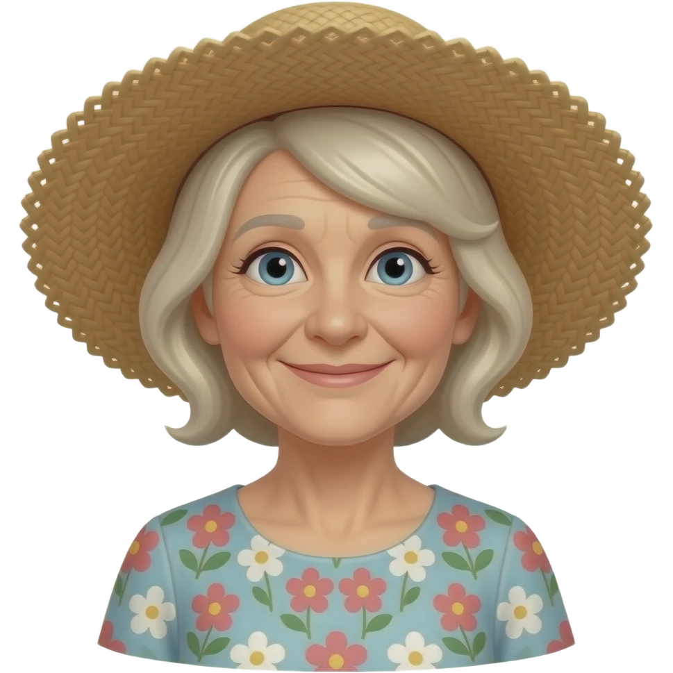 Grandma blond with straw hat and chin tilted up emoji