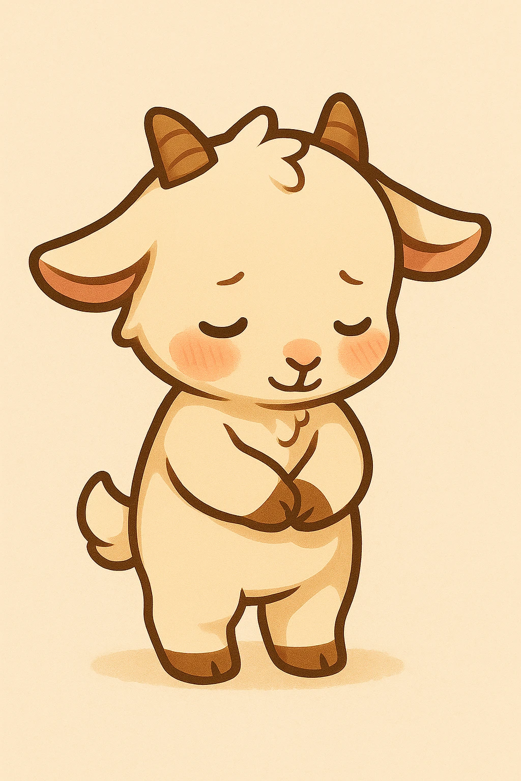 Make the chibi goat look bashful and shy, with a slight blush on cheeks, head tilted down, hands together in front, both legs on the ground, with a simple background. emoji