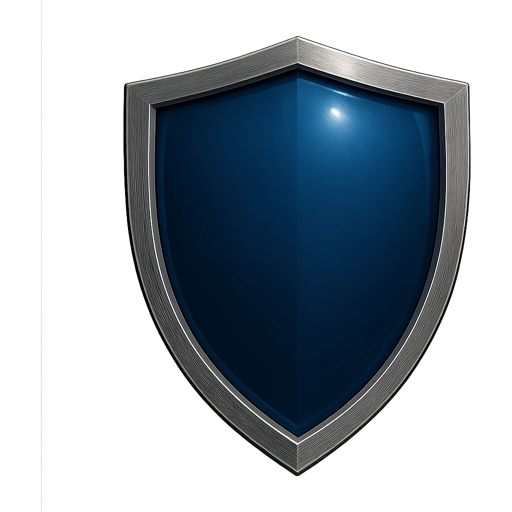 shield facing exactly straight forward with no tilt, simplified design, deep rich blue shiny glass-like center matching the reference, metallic border, no point at the top, no symbols, no sword emoji