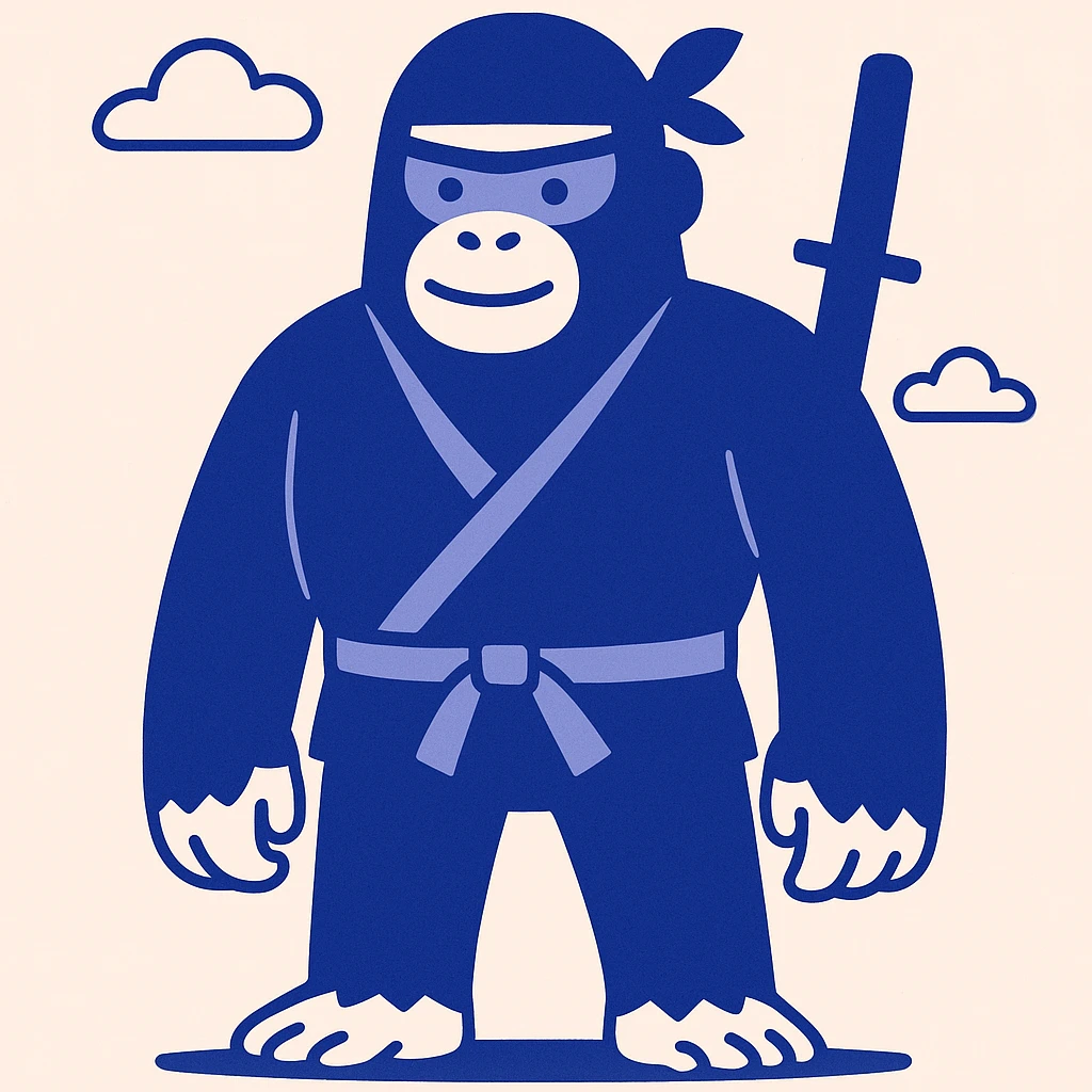 gorilla ninja, standing, cartoon style, bold colors, playful expression emoji