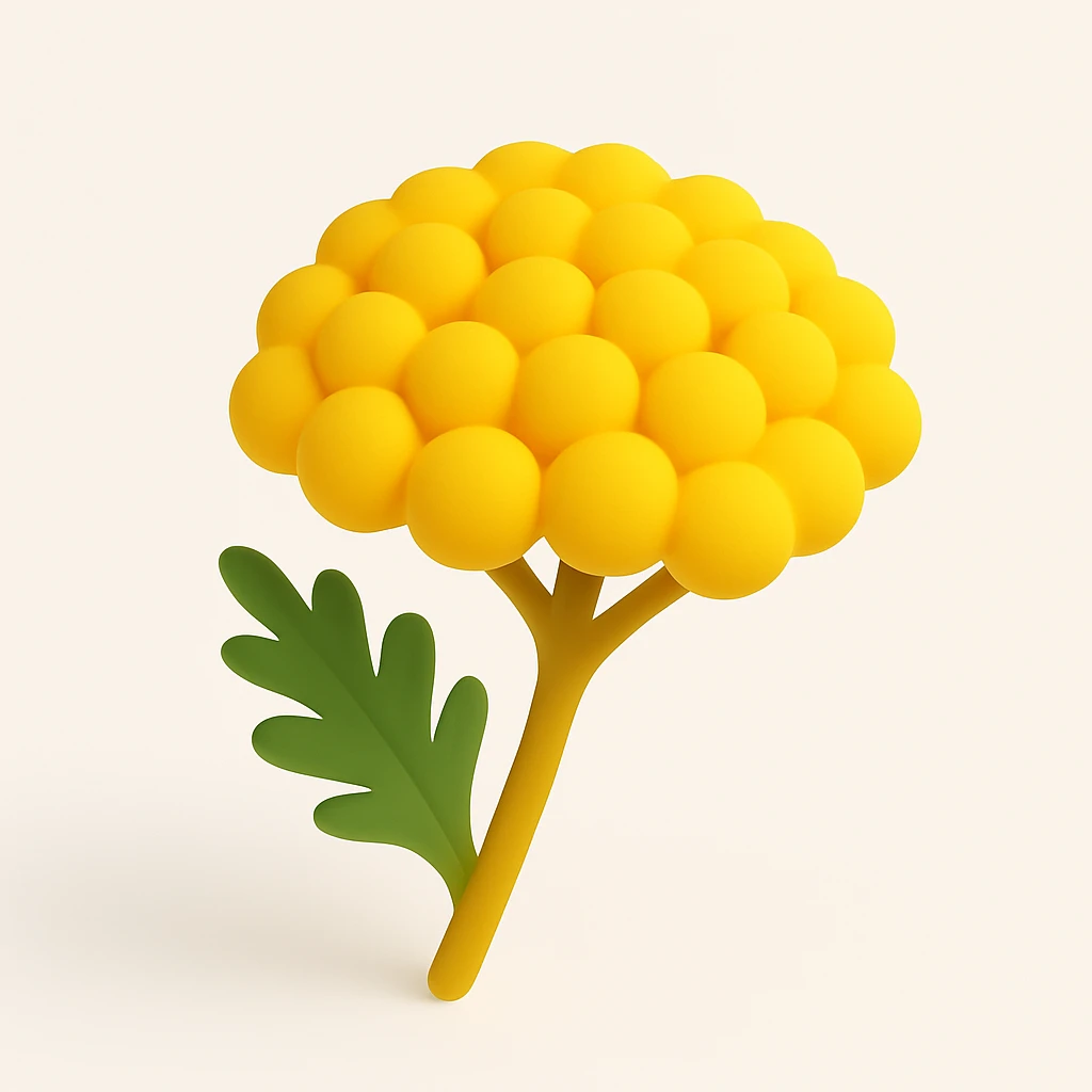3D iOS style illustration of a yellow flower, realistic and vibrant, with a green stem and leaves, on a transparent background. emoji