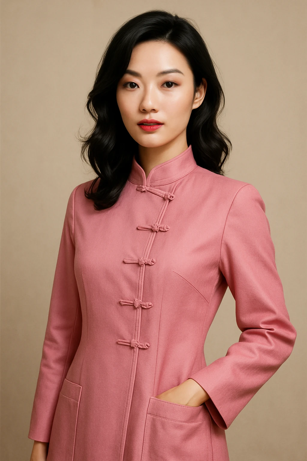 A sexy, slightly curvy white woman with black hair, Asian fashion influence, in a pink lab coat. emoji