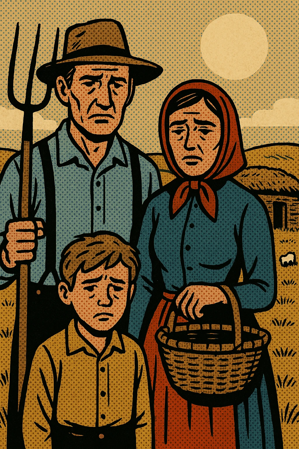 A sad homestead farming family from the 1860s standing in front of their sod house on the Great Plains. The father is holding a pitch fork and the mother is carrying an empty basket. The land in the background is grassland with a few grazing sheep emoji