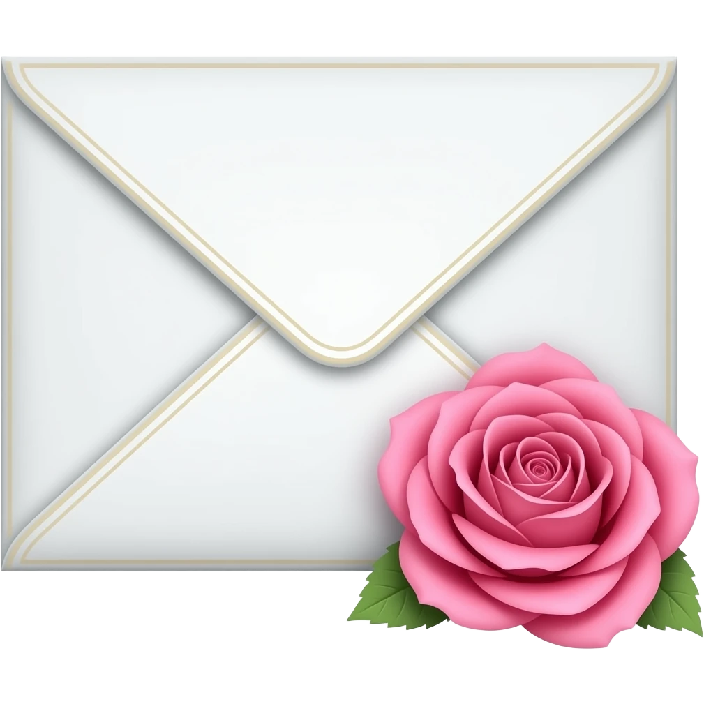 une enveloppe blanche avec un rose de couleur rose à coté. La vue est en 3/4 Ajoute subtilité pour renforcer l'impression de luxe de la scène. L'ensemble est isolée sur un fond blanc. emoji