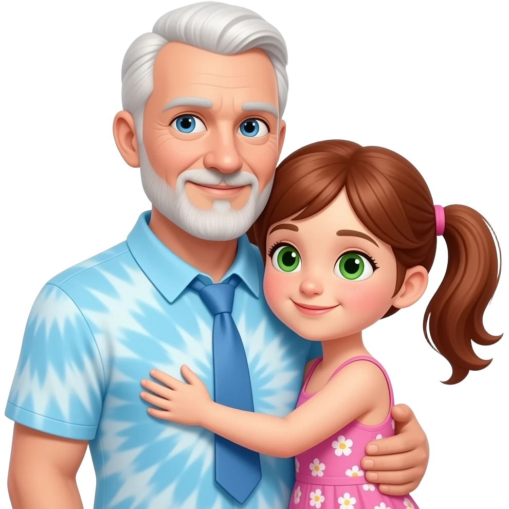 Darker Auburn haired girl child with light greken hazel eyes twin ponytails wearing a pink small floral tank top style sun dress hugging a light blue eyed adult balding father with side white fringe white hair eyebrows and white scruff style breard wearing a light blue tye dye polo shirt emoji