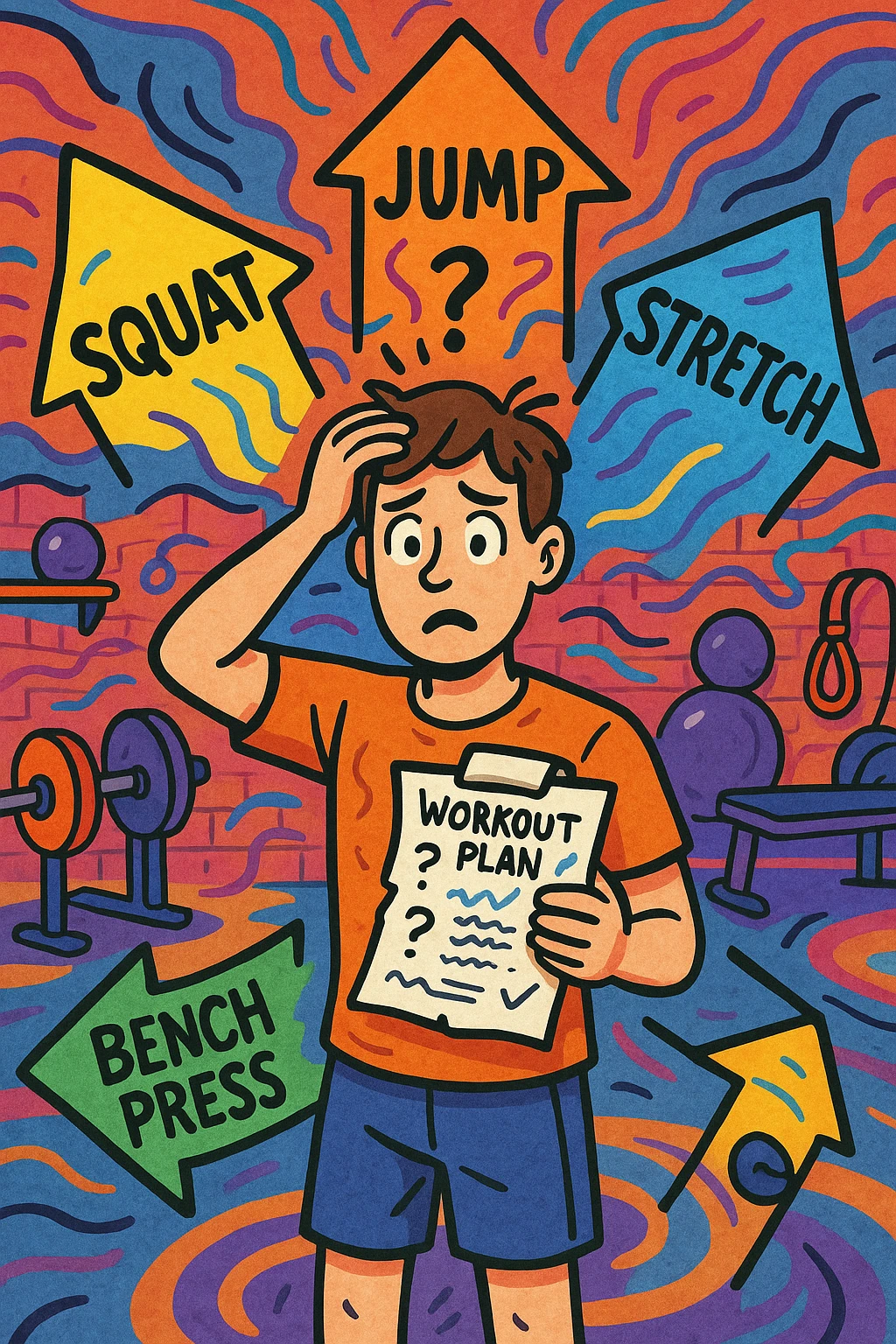 a person stands in the center of a gym, surrounded by arrows pointing in all directions, each labeled with a different exercise (e.g., “squat,” “jump,” “stretch,” “bench press”). The person looks bewildered, holding a workout plan with scribbles and question marks. The scene is colorful but visually messy, symbolizing confusion. in italiano emoji