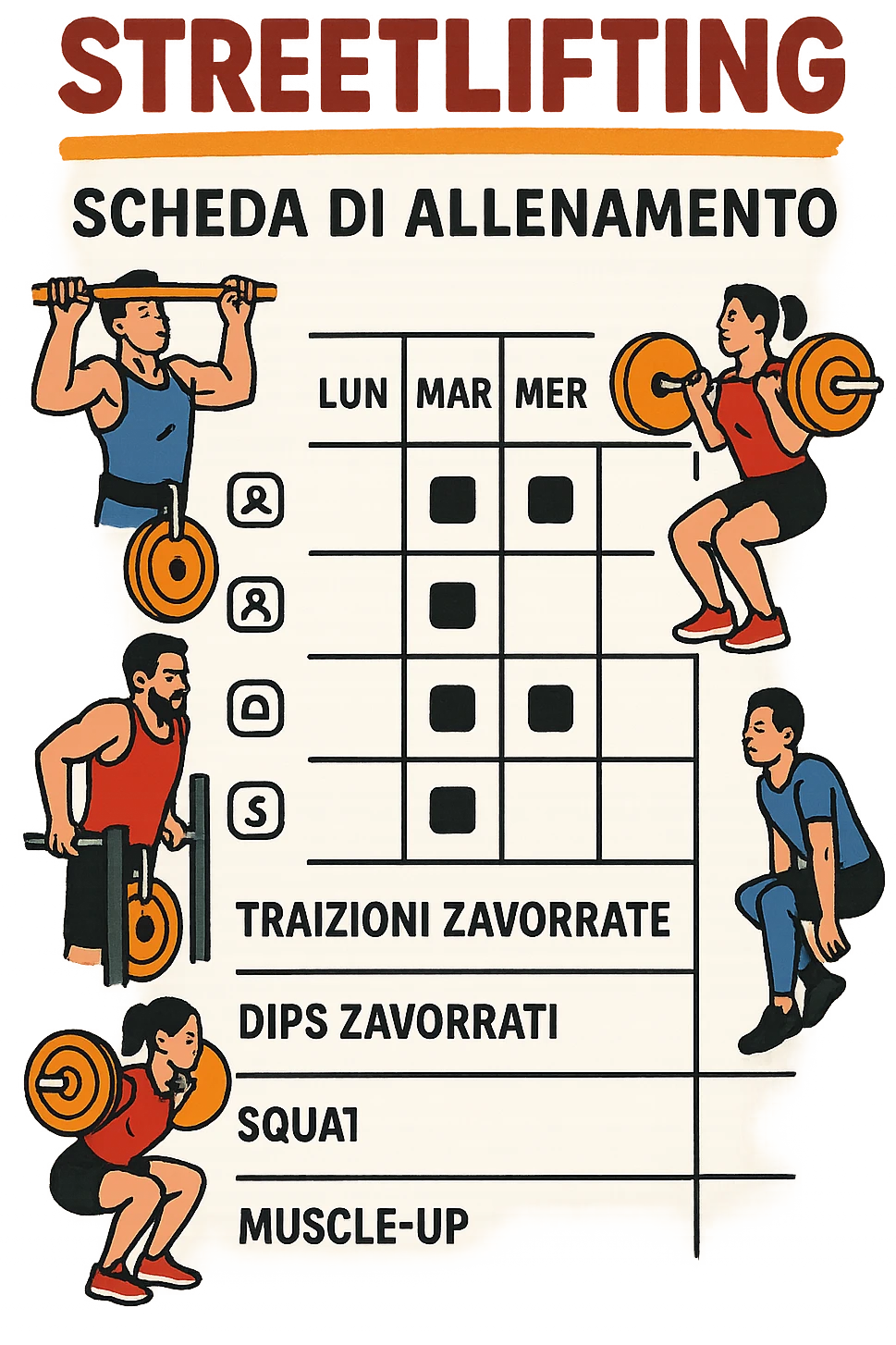 a streetlifting training sheet with icons for each exercise—weighted pull-ups, weighted dips, squats, muscle-ups—organized in a weekly schedule. Around the sheet, small illustrations show athletes performing each movement with proper form. The color palette is bold and energetic, and the background is clean and minimal. in italiano emoji