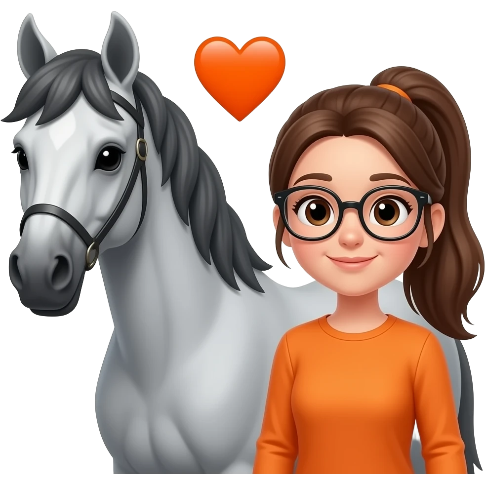 I would like any emoji with a gray horse and a girl with glasses and a long brown ponytail in long sleeve Orange with an orange heart in between them emoji