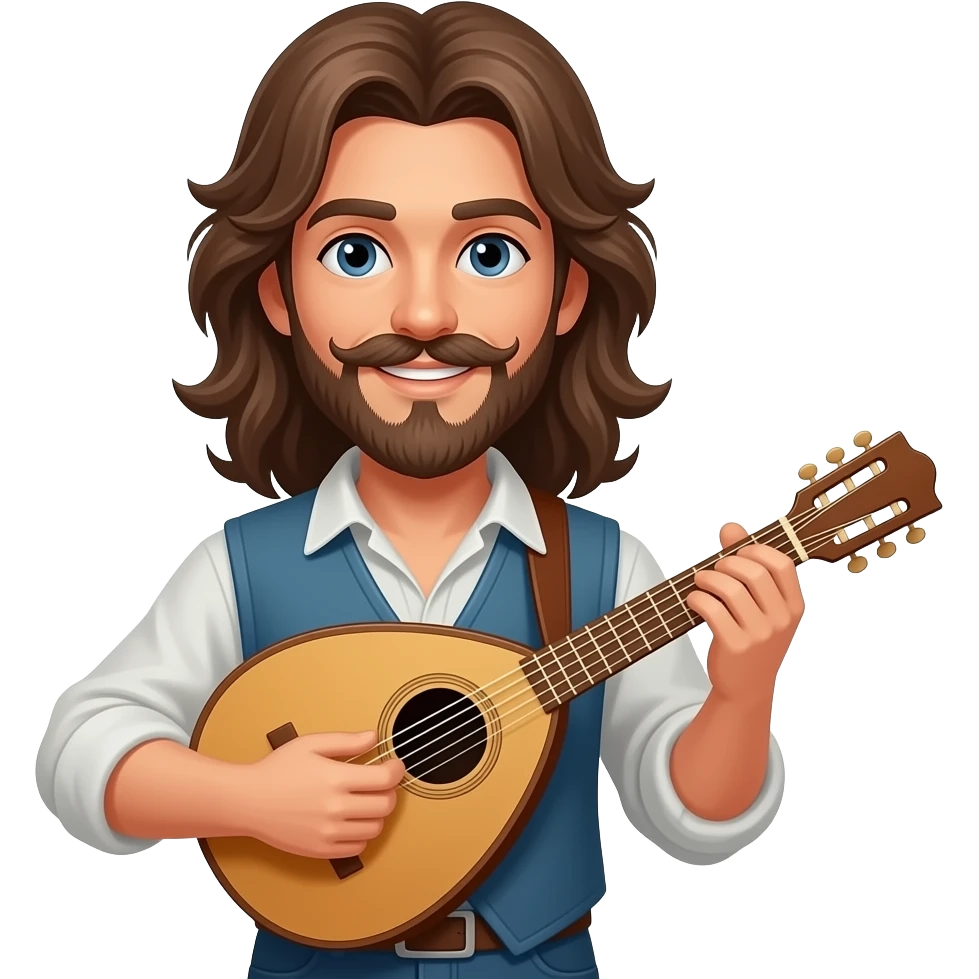 Beautiful Happy Bard with long hair, Handlebar mustache, pointed goatee and a lute emoji