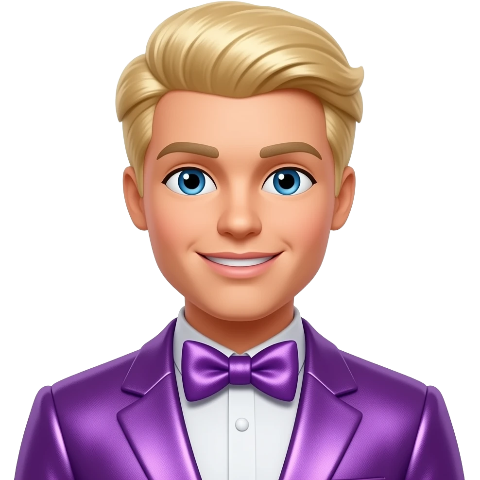 Ken Carson from Barbie and Friends with blue eyes, blonde hair, purple metallic suit with bow tie emoji