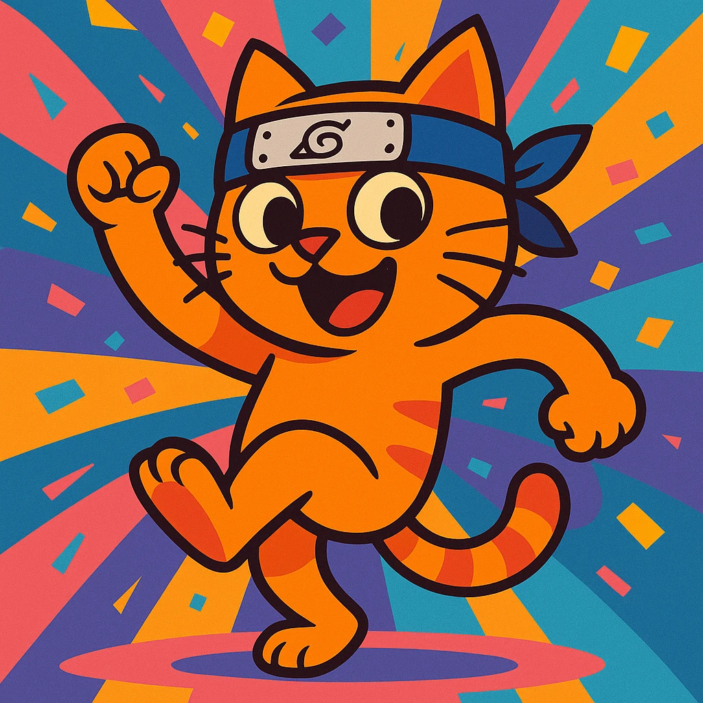 comical cat dancing with a naruto headband, expressive face, colorful background emoji