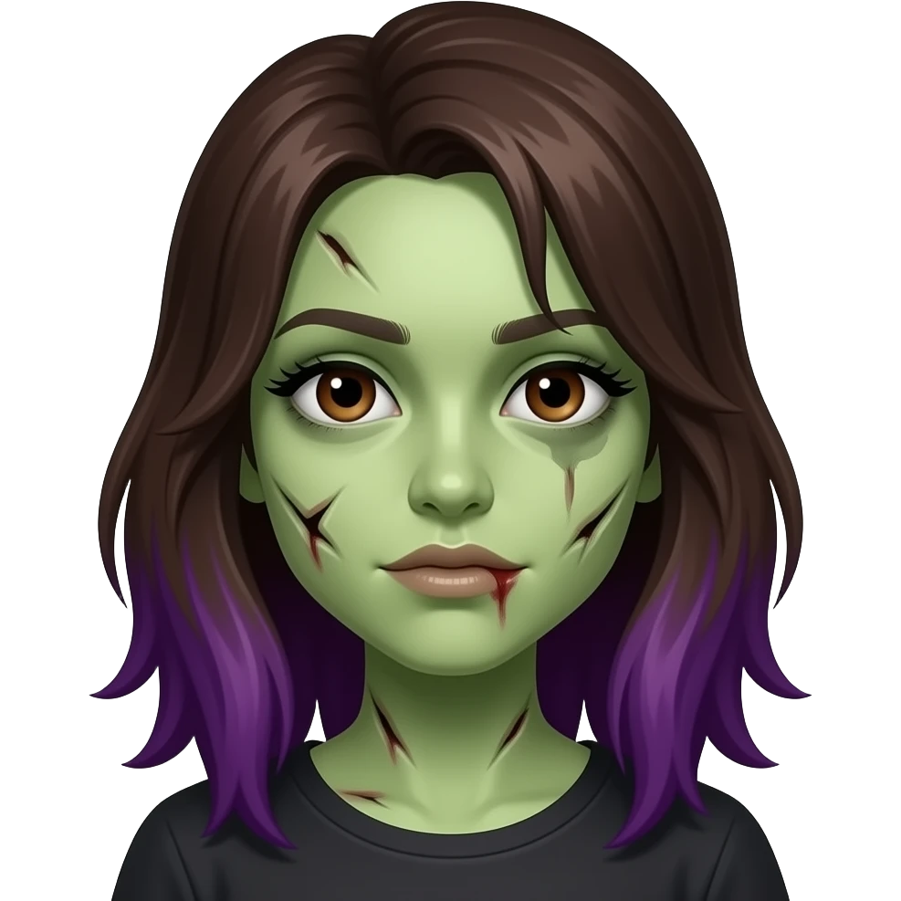 com uma menina Zombi com o cabelo castanho escuro que tem uma franja meio grande e atrás do cabelo colorido de roxo faça e os olhos castanhos escuro e com cílios faça a cabelo mais longo batendo no ombro e tirei a franja e faça tipo um zombi está ótimo agora a pele verde meio machucada emoji