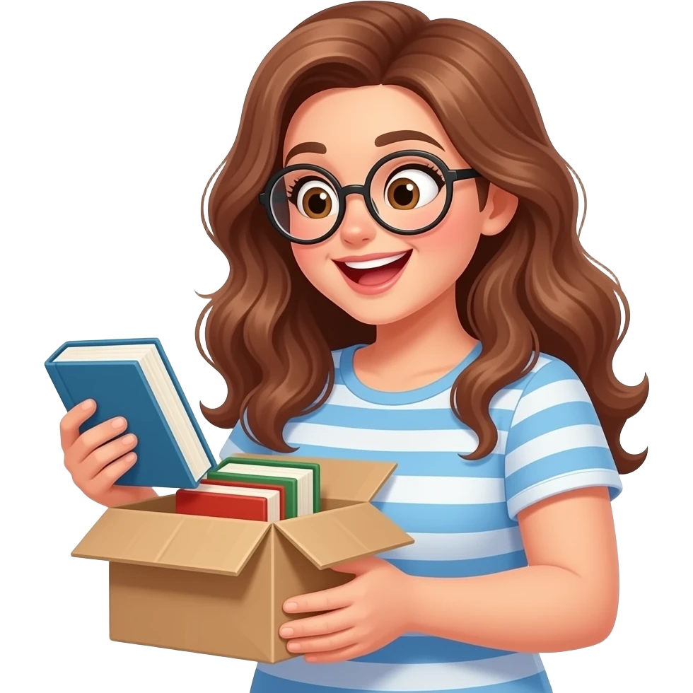 detailed emoji illustration of a curvy woman with long light brown wavy hair, light brown eyes and round glasses opening a package full of books, excited expression, book unboxing moment, cute emoji style emoji