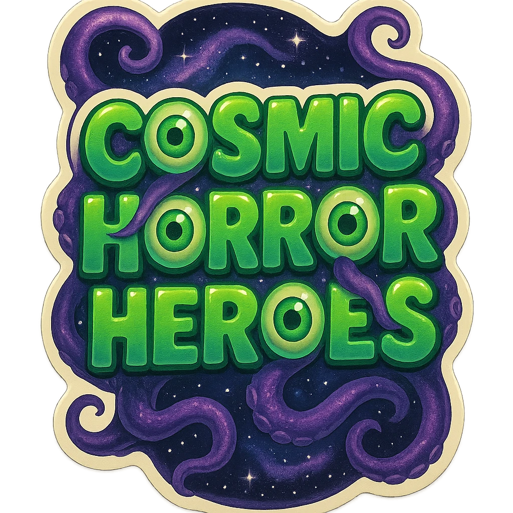 logo design for 'Cosmic Horror Heroes' in retro stickers style, bold rounded green letters, with all three 'O's in 'COSMIC', 'HORROR', and 'HEROES' as green eyeballs, purple tentacles intertwined around letters, swirling space background, formatted to standard playing card dimensions 2.5 x 3.5 inches vertical emoji